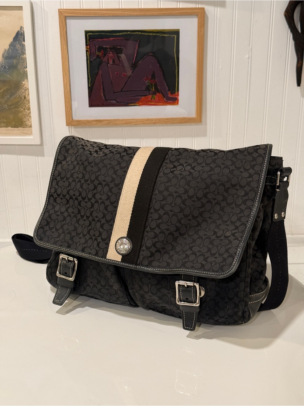 Vintage Coach Signature Black Grey Jacquard Leather Trim Crossbody
Messenger Bag